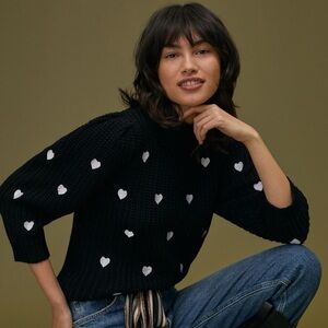 Anthropologie Heart Print Chunky Knit Sweater Mock Neck Black White XS $148